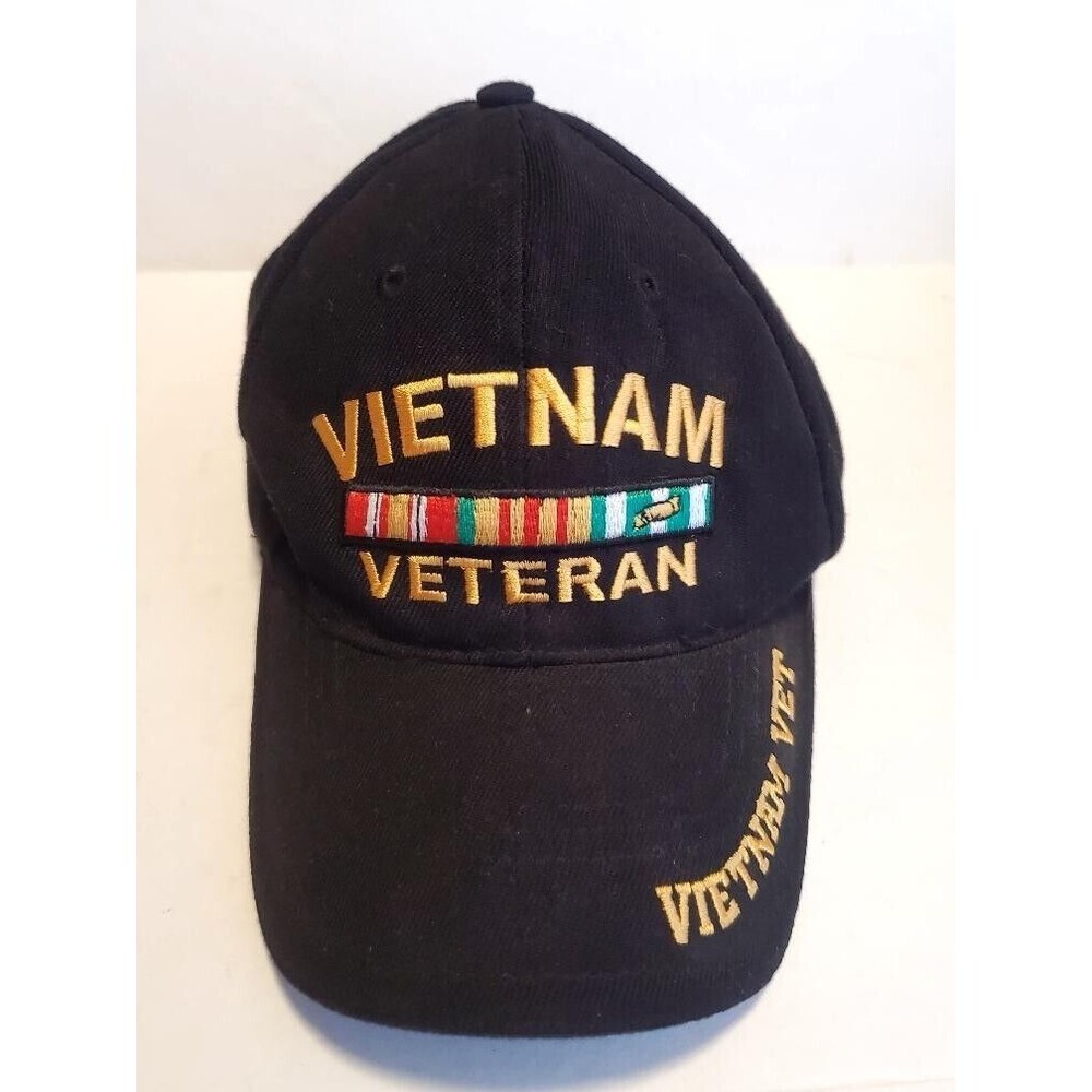 Vietnam Veteran War Black Hat Cap Curved Bill Military Force Adjustable